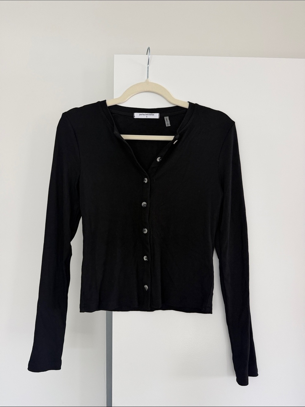 Perfect White Tee Everyday Ribbed Black Button-Front Long Sleeve Top Size Small